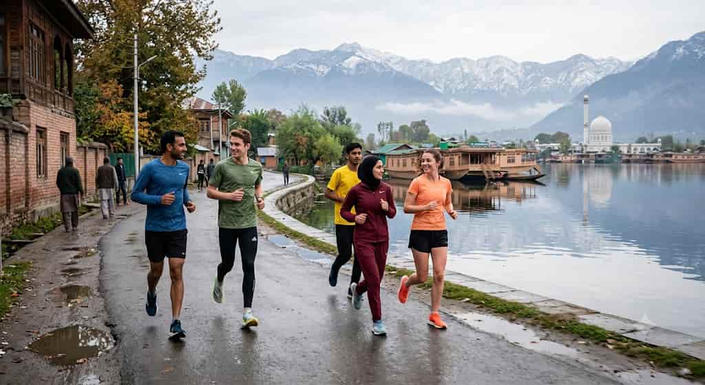A small group of runners jogging easily together on a shakeout run through Srinagar