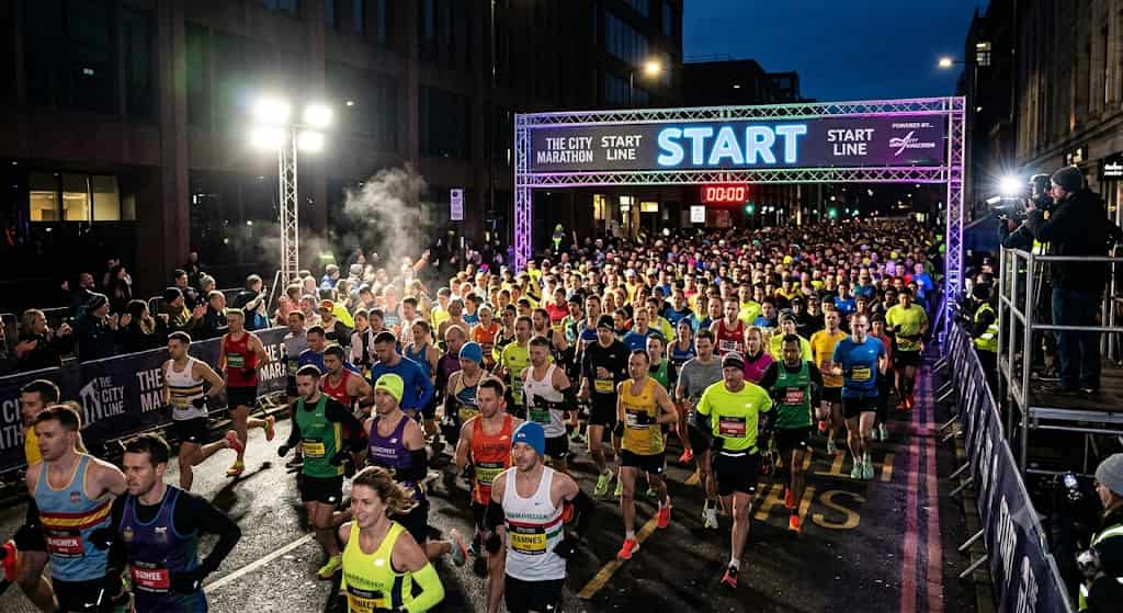 Runners massed at the start line before dawn under floodlights on race morning