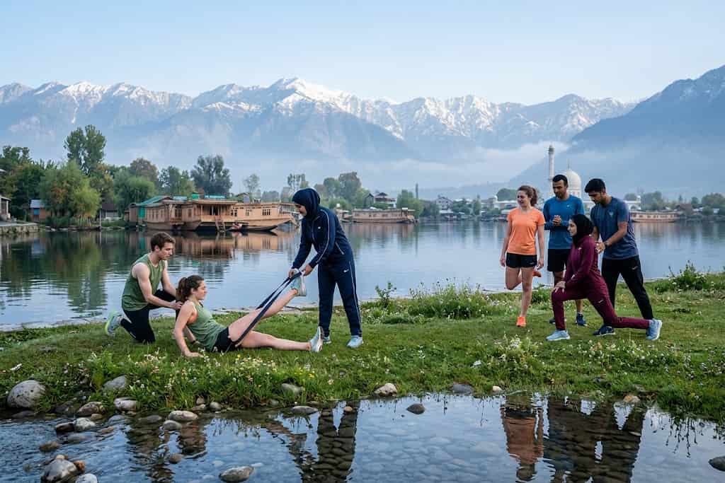 The Lidder riverside at Pahalgam where the group recovers the day after the race